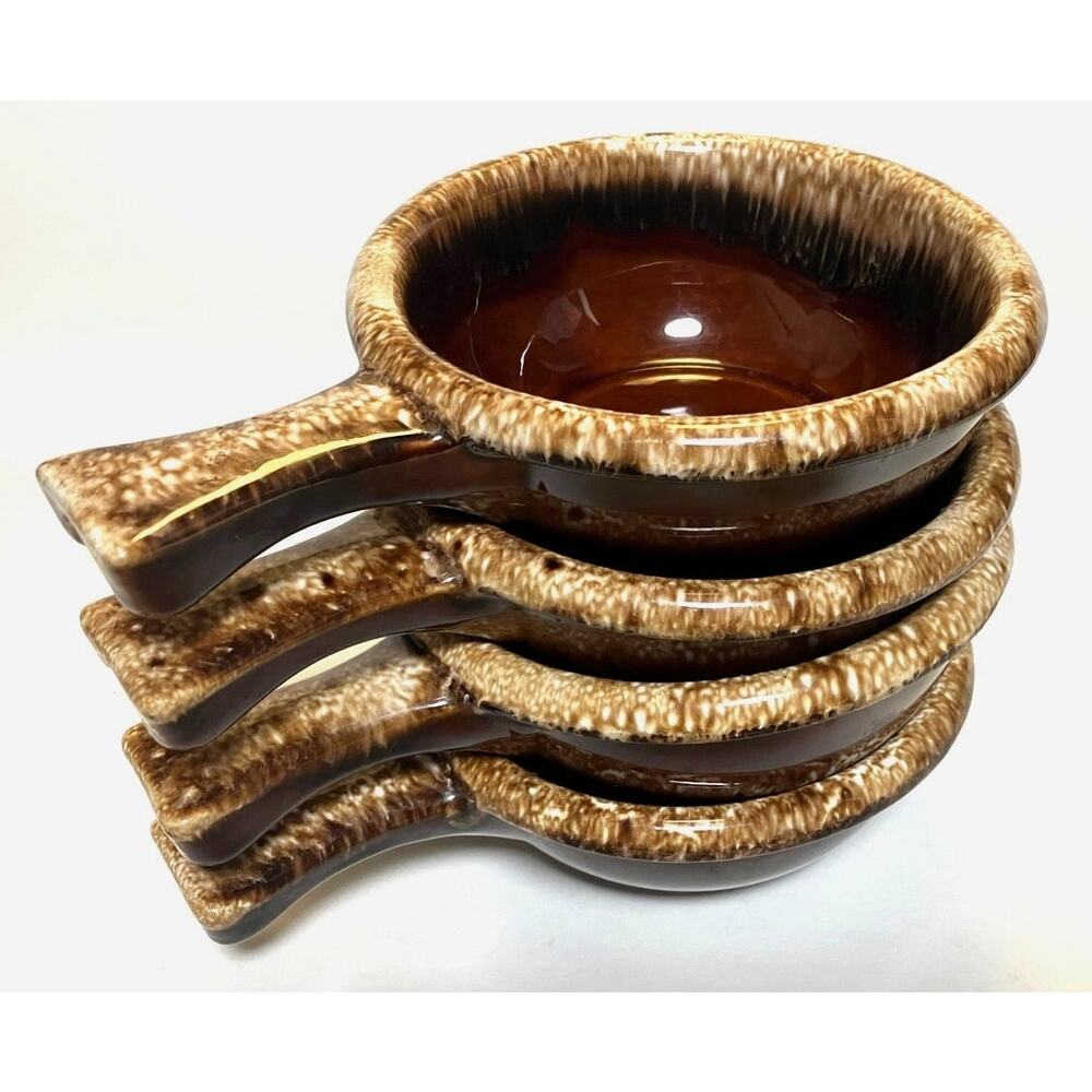 4 Hull Soup Bowls Mirror Brown Drip Glaze Handle VTG MCM 60 Individual Casserole